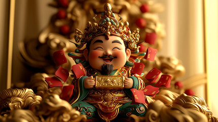 Happy Chinese New Year Illustration with Cute God of Wealth CAI SHEN Holding Gold Ingots and Coins