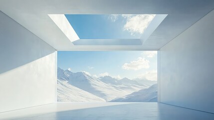 Obraz premium Minimalist home with a flat white ceiling and a single skylight bringing in natural light