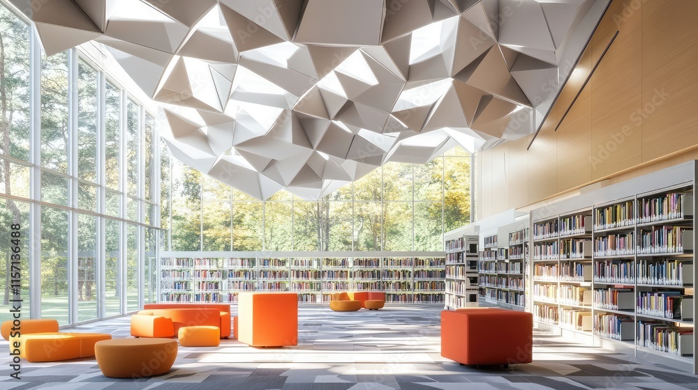Poster modern library with a ceiling featuring triangular acoustic panels in a bold pattern