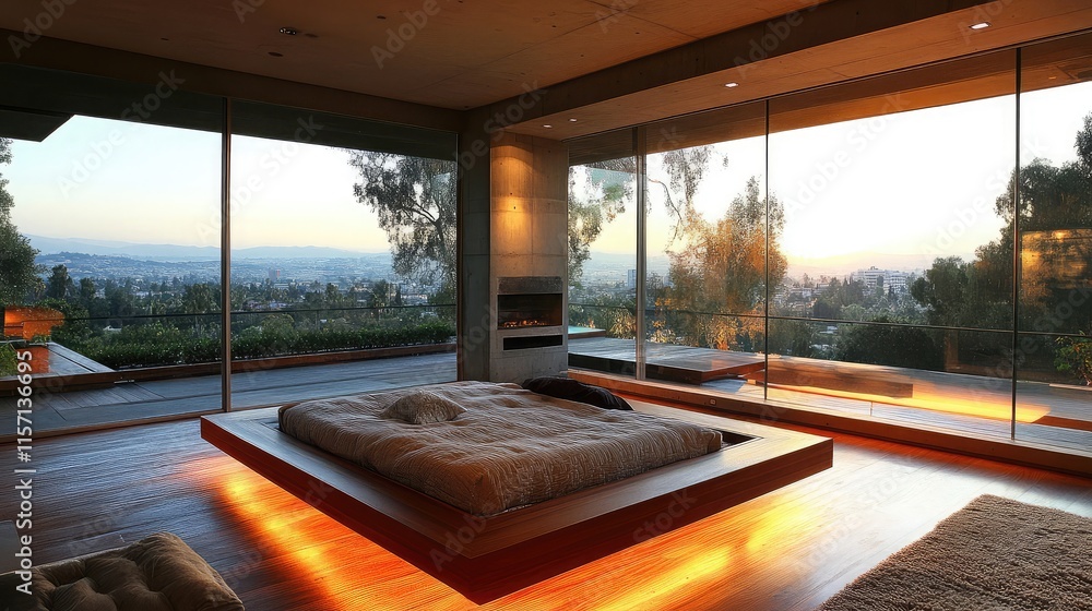 Poster modern platform bed in an open space, framed by floor-to-ceiling windows and soft lighting