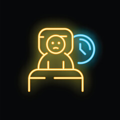 Neon sign of an unhappy office worker sitting at his desk with a clock, showing the approaching deadline