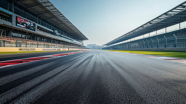 Low angle view of F1 Formula One racetrack grandstand background