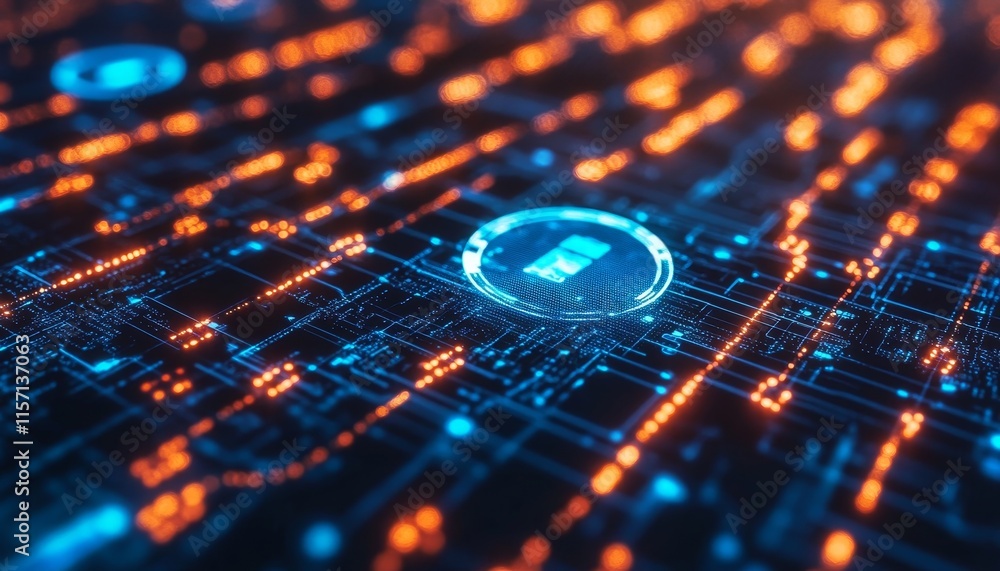 Poster digital security fingerprint scan on circuit board, concept for cybersecurity, data protection.