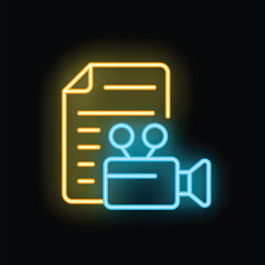 Fototapeta premium Neon icon of video camera filming document for television news report