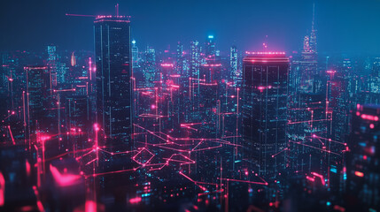 Fototapeta premium Smart digital Innovation city with connection network reciprocity over the cityscape. of future smart wireless digital city and social media networking systems that connects people with in city