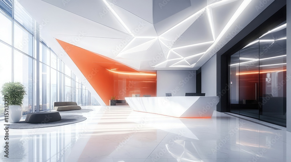 Poster office lobby with a bold, angular ceiling design creating a futuristic impression