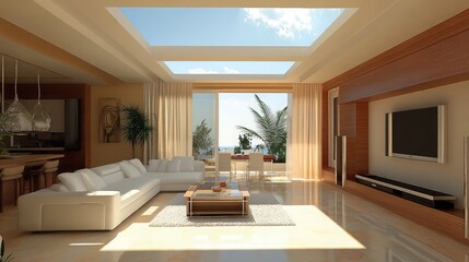 Fototapeta premium Open-concept living room with a skylight ceiling flooding the space with natural light
