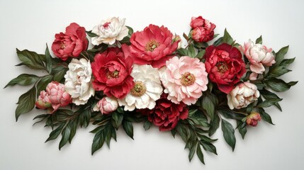 A bouquet of pink, red, and white peonies with lush green leaves, arranged on a white background in a classic vintage botanical style.