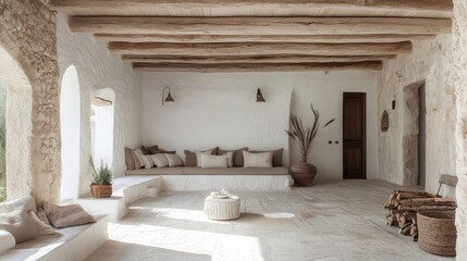 Outdoor terrace with a vaulted white ceiling and rustic wood accents