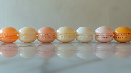 Close-Up View of Assorted Colorful Macarons Neatly Arranged on a Polished Marble Surface with Soft Lighting.