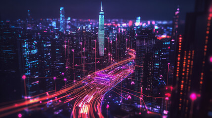 Fototapeta premium Smart digital Innovation city with connection network reciprocity over the cityscape. of future smart wireless digital city and social media networking systems that connects people with in city