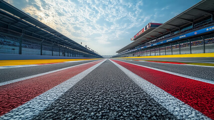 Low angle view of F1 Formula One racetrack grandstand background