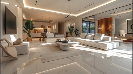 Interior design, open living room, kitchen.
