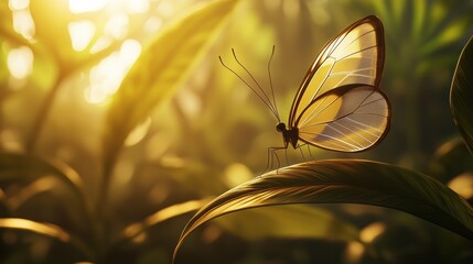 Transparent glasswing butterfly on leaf at sunset.