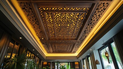 Restaurant interior with a ceiling showcasing intricate wood carvings and ambient lighting