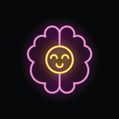 Glowing neon brain with a smiling face representing positive thinking