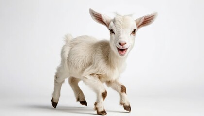 Obraz premium Playful White Baby Goat in Action Against a Simple Background