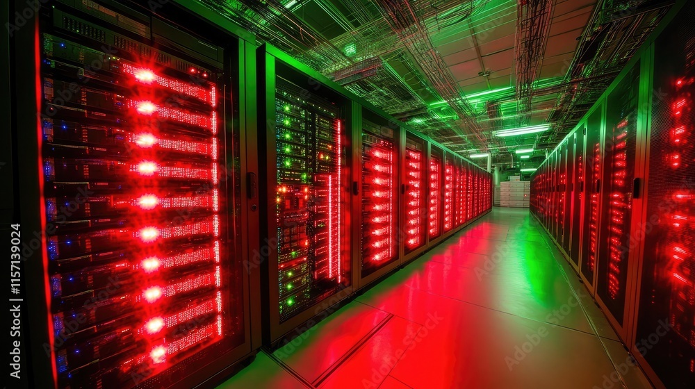 Poster rows of sleek server racks glowing in a dimly lit data center