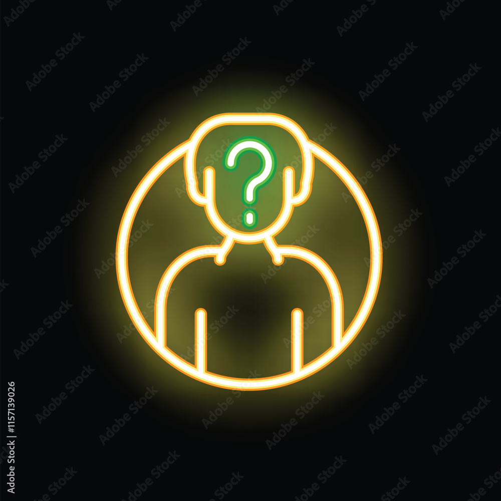 Poster glowing neon icon of a person with question mark inside their head, representing confusion or an unk
