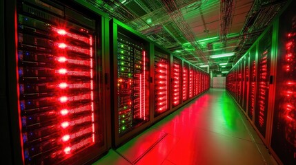 Rows of sleek server racks glowing in a dimly lit data center