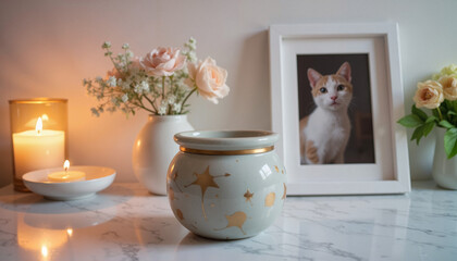 Cat memorial with ceramic urn, flowers, and candlelight