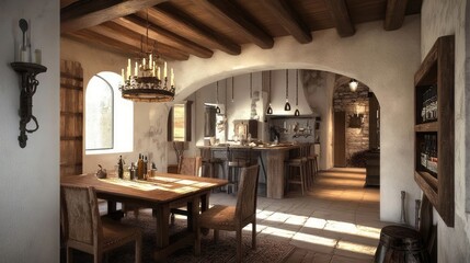 Rustic dining room with a white stucco ceiling and wrought iron light fixtures