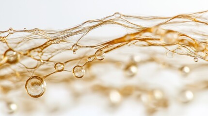 Abstract golden liquid with droplets flowing like threads.