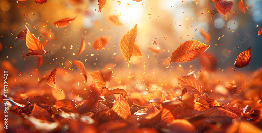 Poster a background of falling leaves in autumn the colors are bright and vivid, with a soft, glowing light