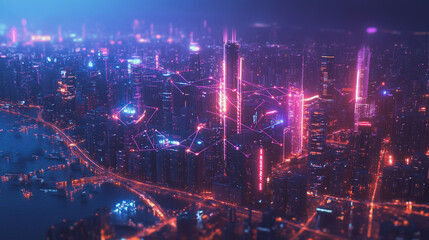 Smart digital Innovation city with connection network reciprocity over the cityscape. of future smart wireless digital city and social media networking systems that connects people with in city