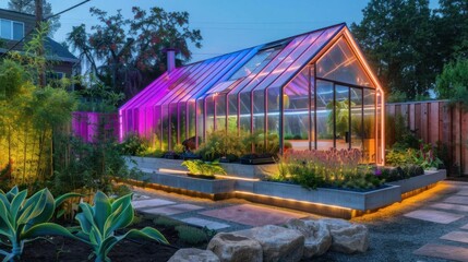 Modern Sustainable  Gardens featuring a greenhouse  , Hydroponic vegetable  with LED lighting