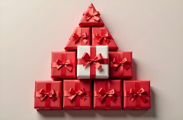 On a light background, gifts in red and white packaging with red ribbons are laid out in the shape of a pyramid, a Christmas tree.