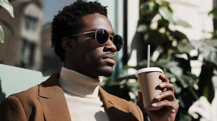 Stylish Professional Using a Reusable Coffee Cup and Metal Straw, Highlighting a Sustainable Lifestyle for a Commercial Campaign