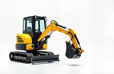 Mini yellow excavator isolated on white background. Construction equipment ready for earthworks. Compact machine for tight spaces. Ideal for rental business construction industry. Modern design,
