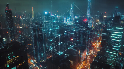 Smart digital Innovation city with connection network reciprocity over the cityscape. of future smart wireless digital city and social media networking systems that connects people with in city