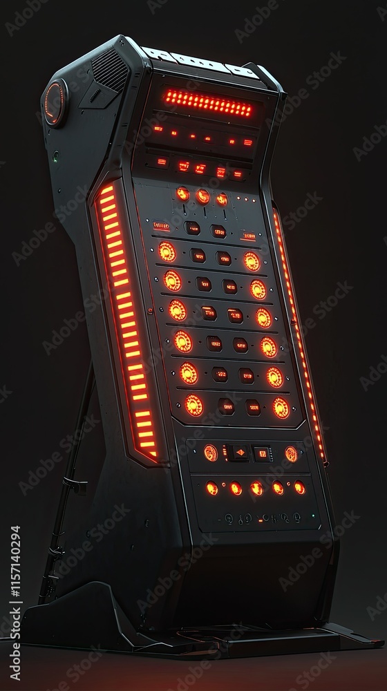 Poster a futuristic control panel with illuminated buttons and indicators.