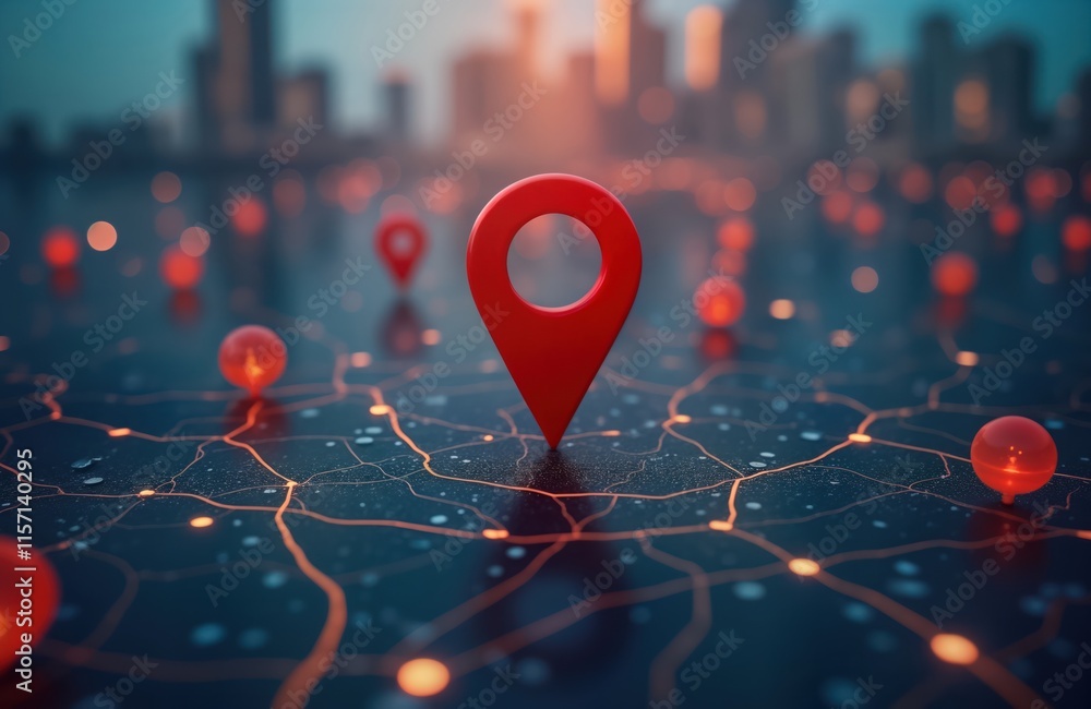 Poster digital map interface shows red location marker. city landscape blurred background. tech map display