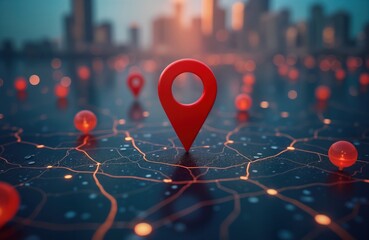 Digital map interface shows red location marker. City landscape blurred background. Tech map displays city streets, pathways. Navigation, urban planning tech. Modern software for route planning