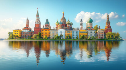 Obraz premium Beautiful view of Moscow in summer with a reflection on the water, landmark panorama, cityscape concept