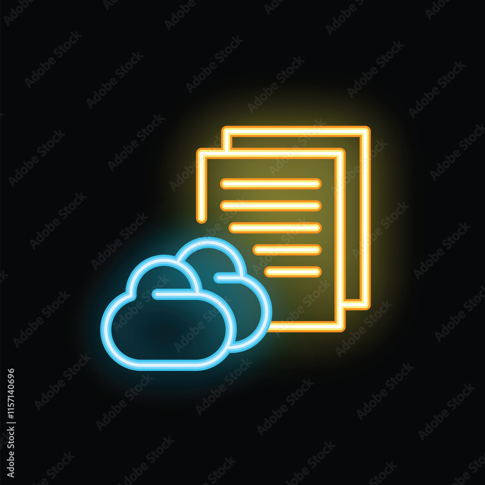 Poster neon icon of cloud computing showing files uploading to cloud storage database