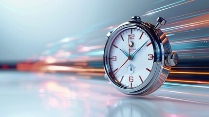 A dynamic stopwatch icon with motion lines, displayed on a clean white background with copy space.