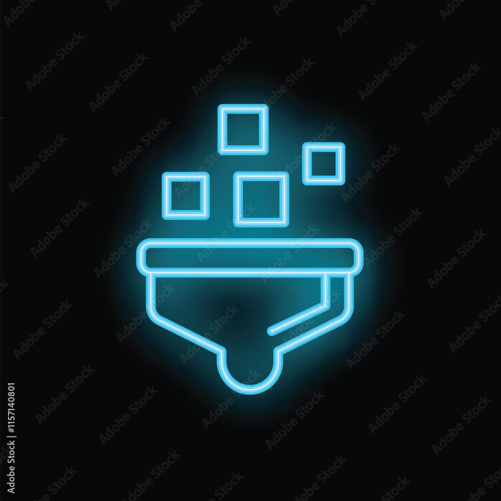 Poster blue neon icon of a funnel filtering data blocks representing concept of data processing