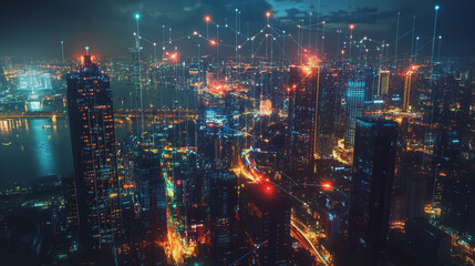 Fototapeta premium Smart digital Innovation city with connection network reciprocity over the cityscape. of future smart wireless digital city and social media networking systems that connects people with in city