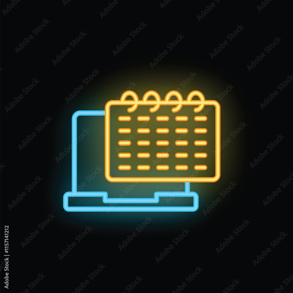 Poster neon calendar icon hovering over laptop computer symbolizing online scheduling and digital planning