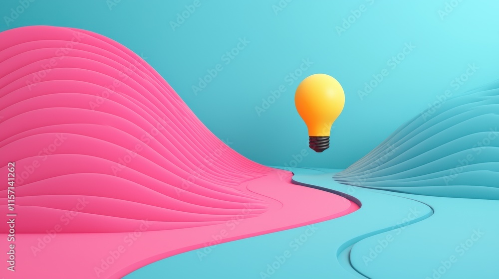 Aufkleber light bulb floating between pink and blue abstract shapes symbolizing innovation