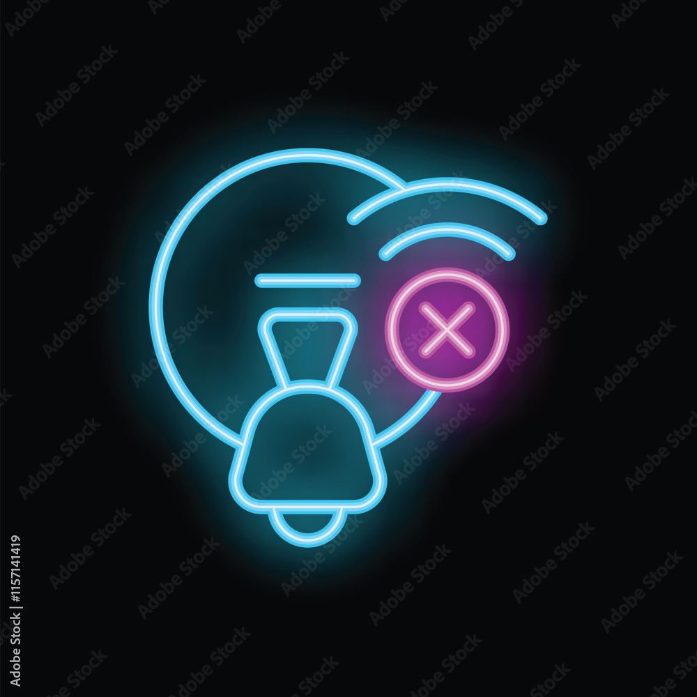 Poster neon icon of a bell with a wifi signal and a cross, signifying no notification