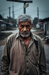 Obraz premium Somber Portrait of an Elderly Man in a Rural Setting