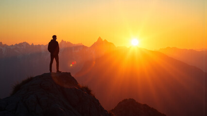 Fototapeta premium a person climbing a mountain at sunrise, symbolizing persistence in pursuing goals and the process of self-transcendence. Sunlight filled with hope, resilience, and a sense of achievement.