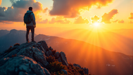 Obraz premium a person climbing a mountain at sunrise, symbolizing persistence in pursuing goals and the process of self-transcendence. Sunlight filled with hope, resilience, and a sense of achievement.