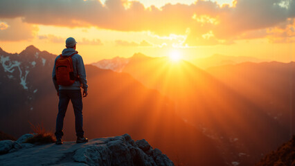 a person climbing a mountain at sunrise, symbolizing persistence in pursuing goals and the process of self-transcendence. Sunlight filled with hope, resilience, and a sense of achievement.