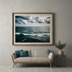 a minimalist sea and cloud frame on wall 
